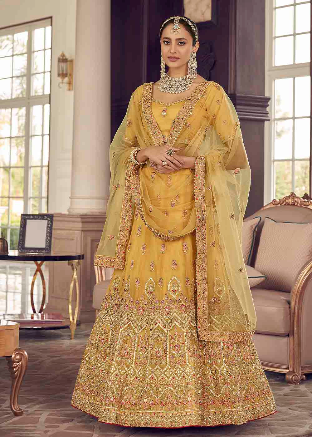 Porsche Yellow Organza Lehenga Choli