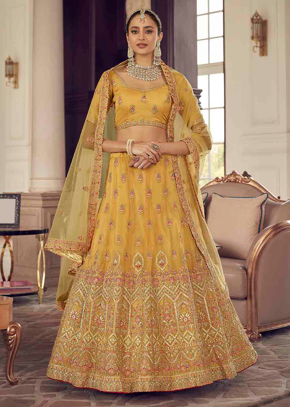 Porsche Yellow Organza Lehenga Choli