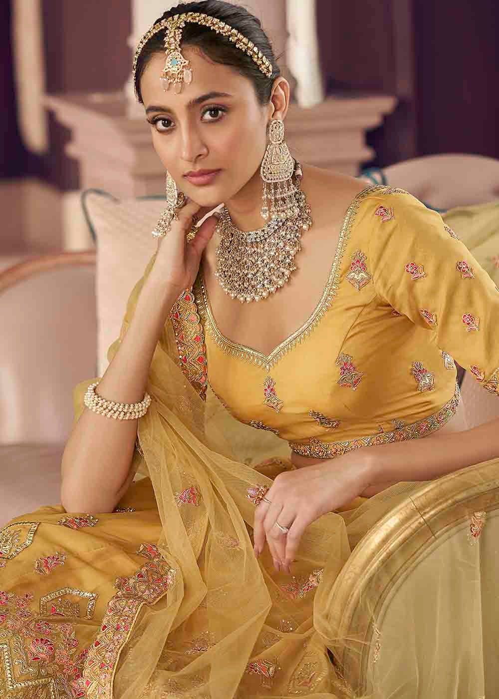 Porsche Yellow Organza Lehenga Choli