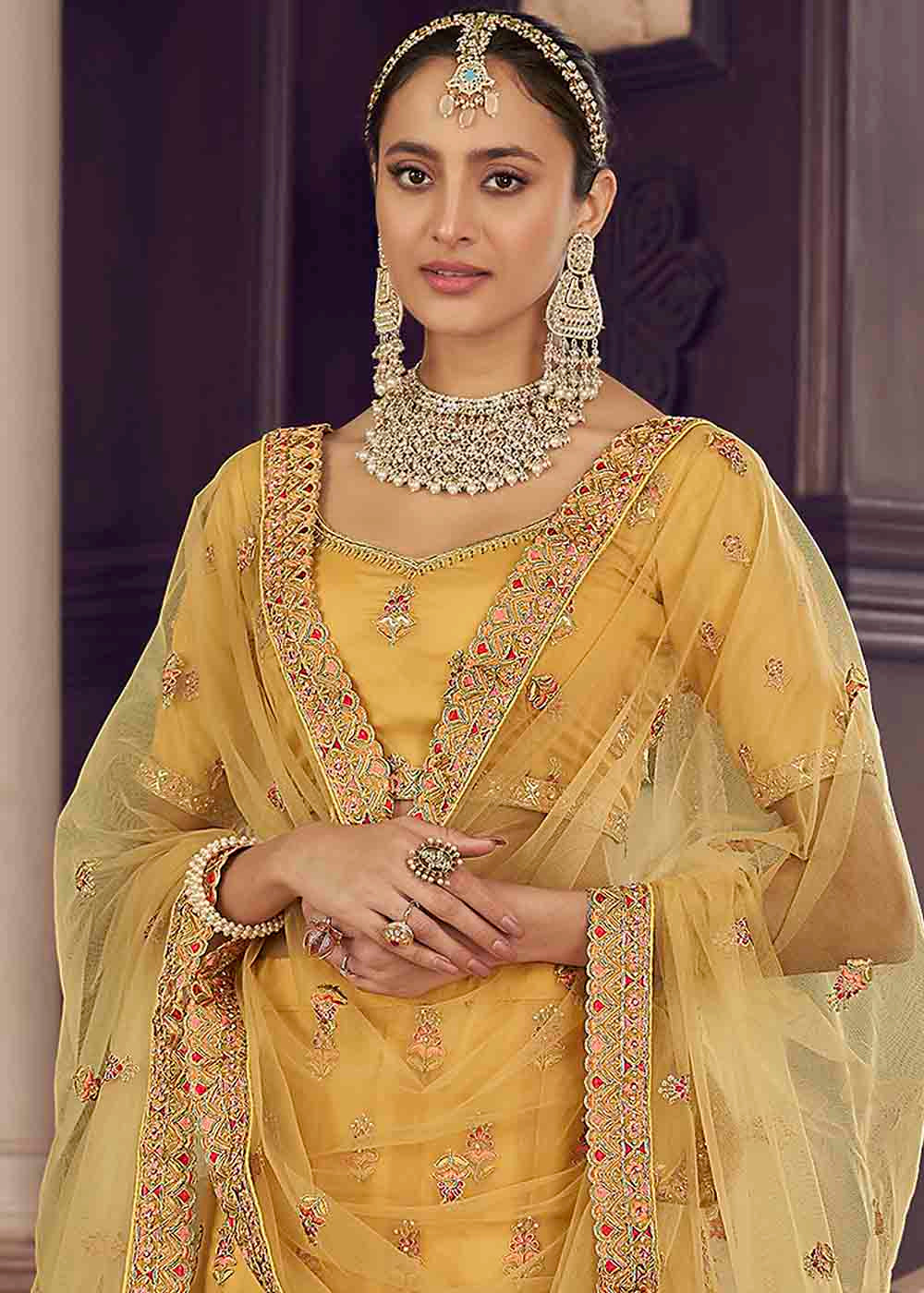 Porsche Yellow Organza Lehenga Choli