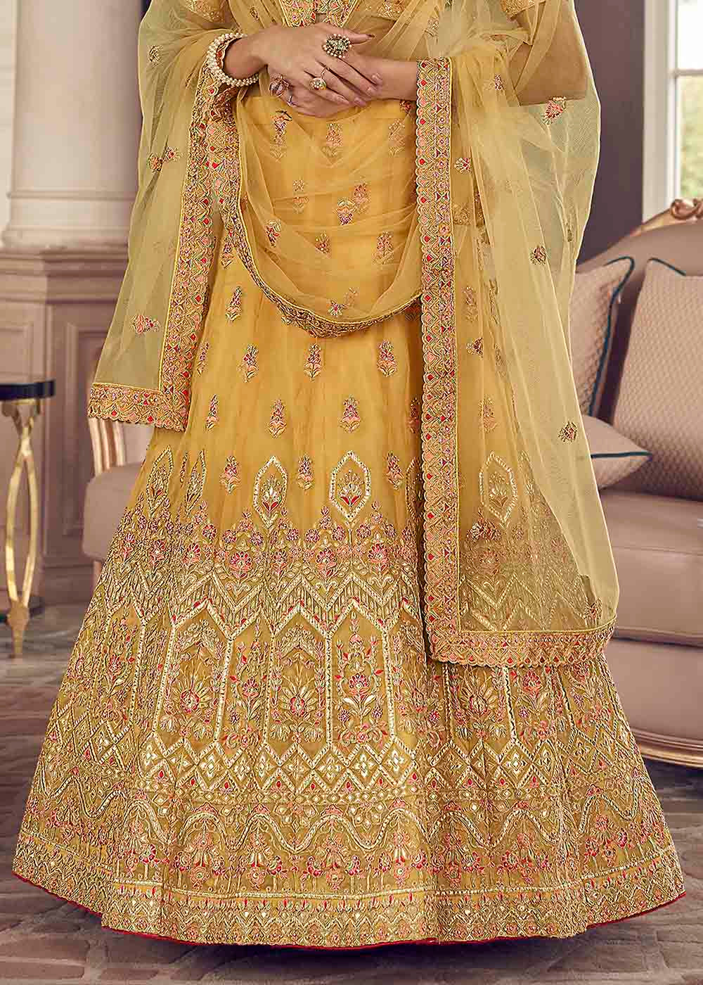 Porsche Yellow Organza Lehenga Choli