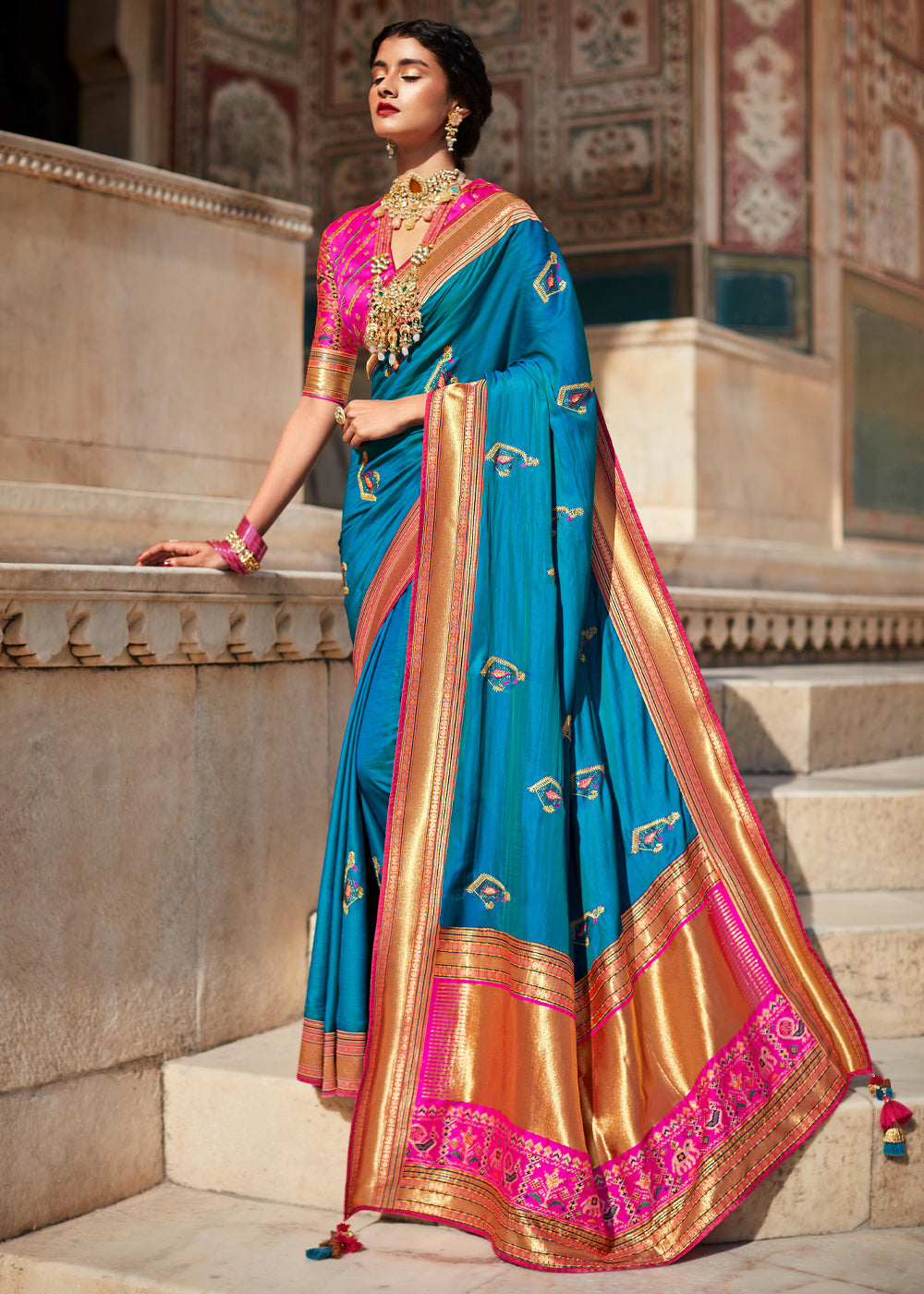 Allports Blue and Pink Woven Banarasi Soft Silk Designer Saree