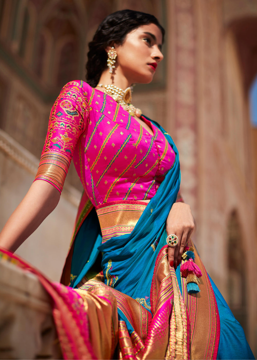 Allports Blue and Pink Woven Banarasi Soft Silk Designer Saree