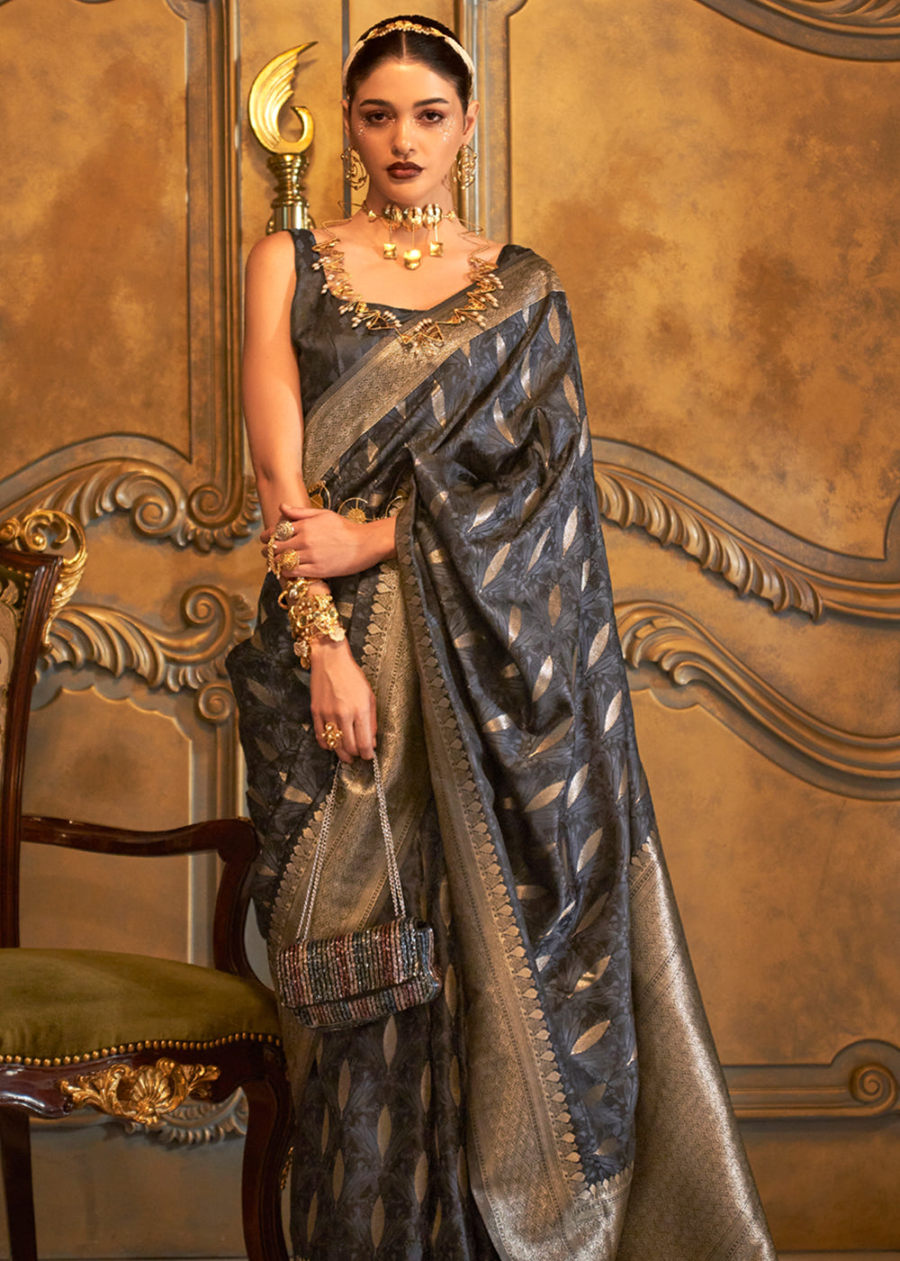 Tuna Black Banarasi Satin Silk Saree