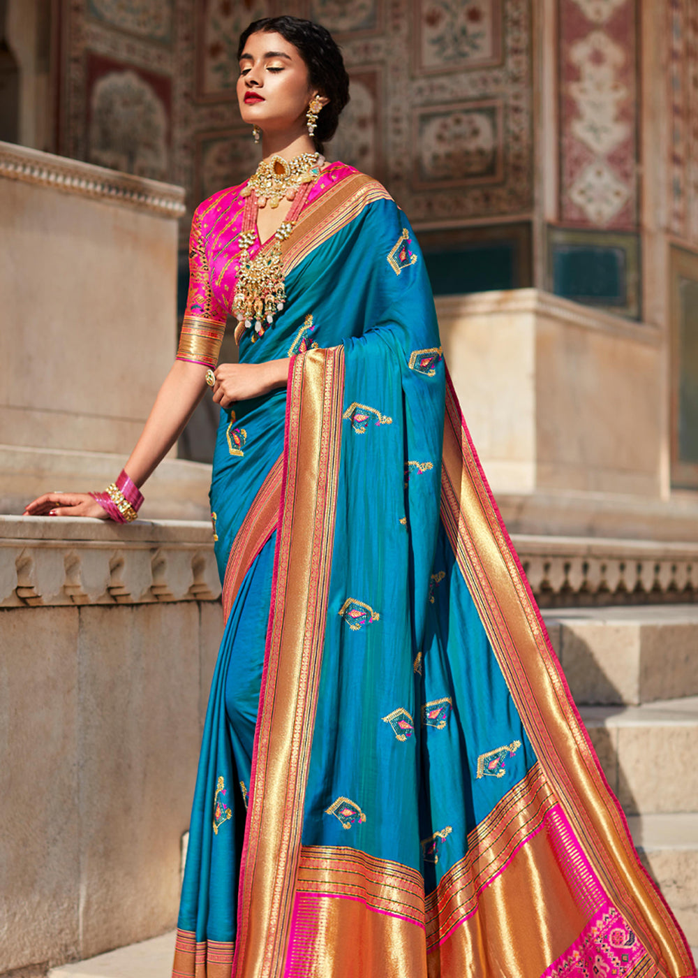 Allports Blue and Pink Woven Banarasi Soft Silk Designer Saree