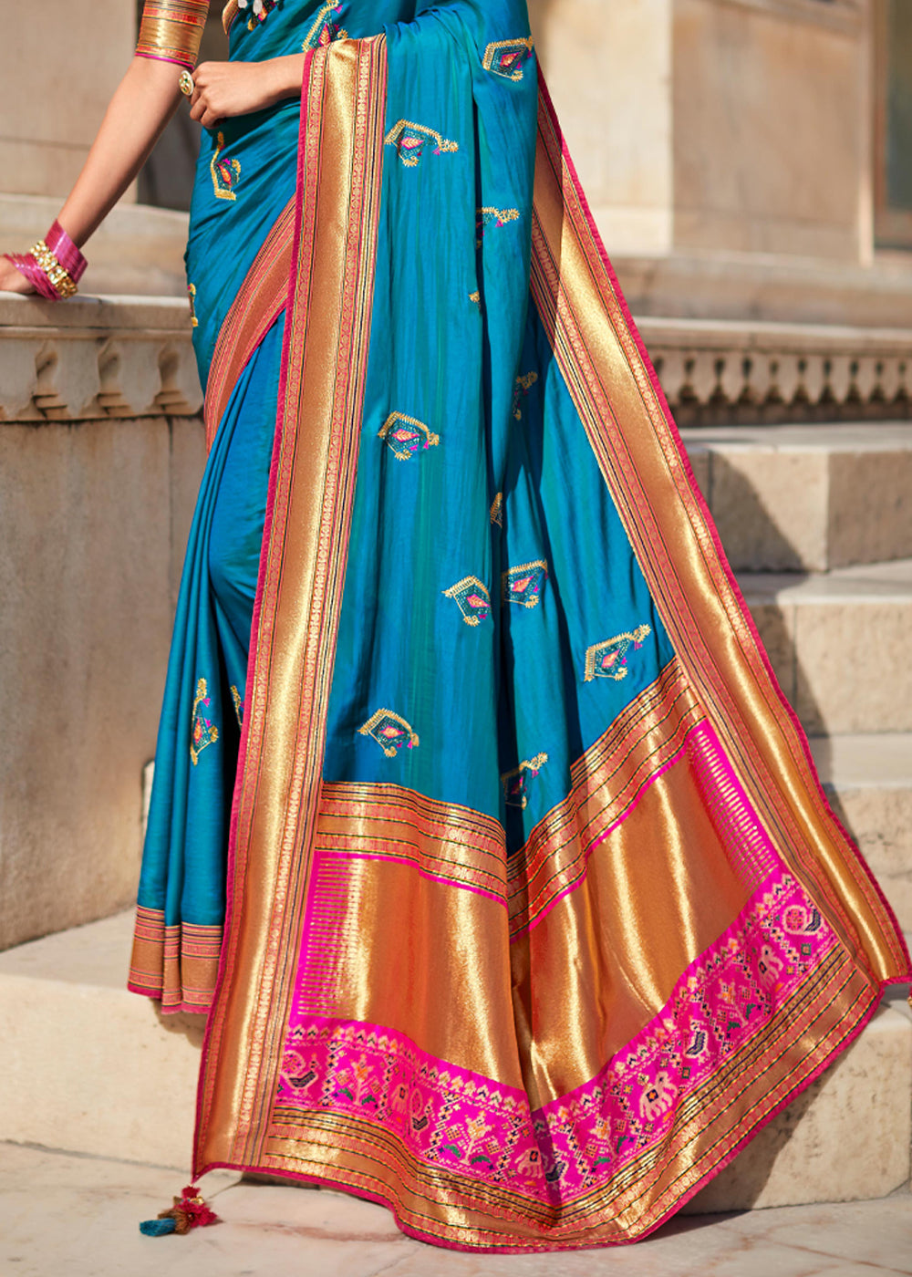 Allports Blue and Pink Woven Banarasi Soft Silk Designer Saree