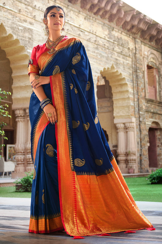 Bunting Blue and Red Kanjivaram Saree