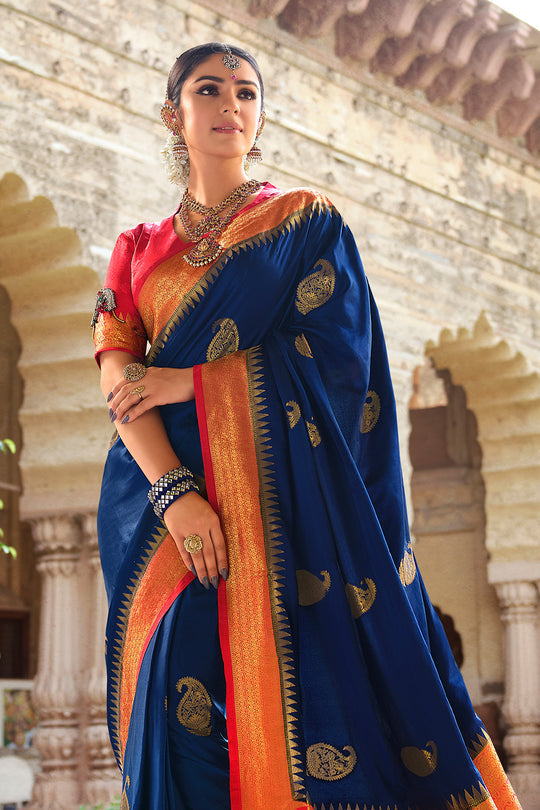 Bunting Blue and Red Kanjivaram Saree