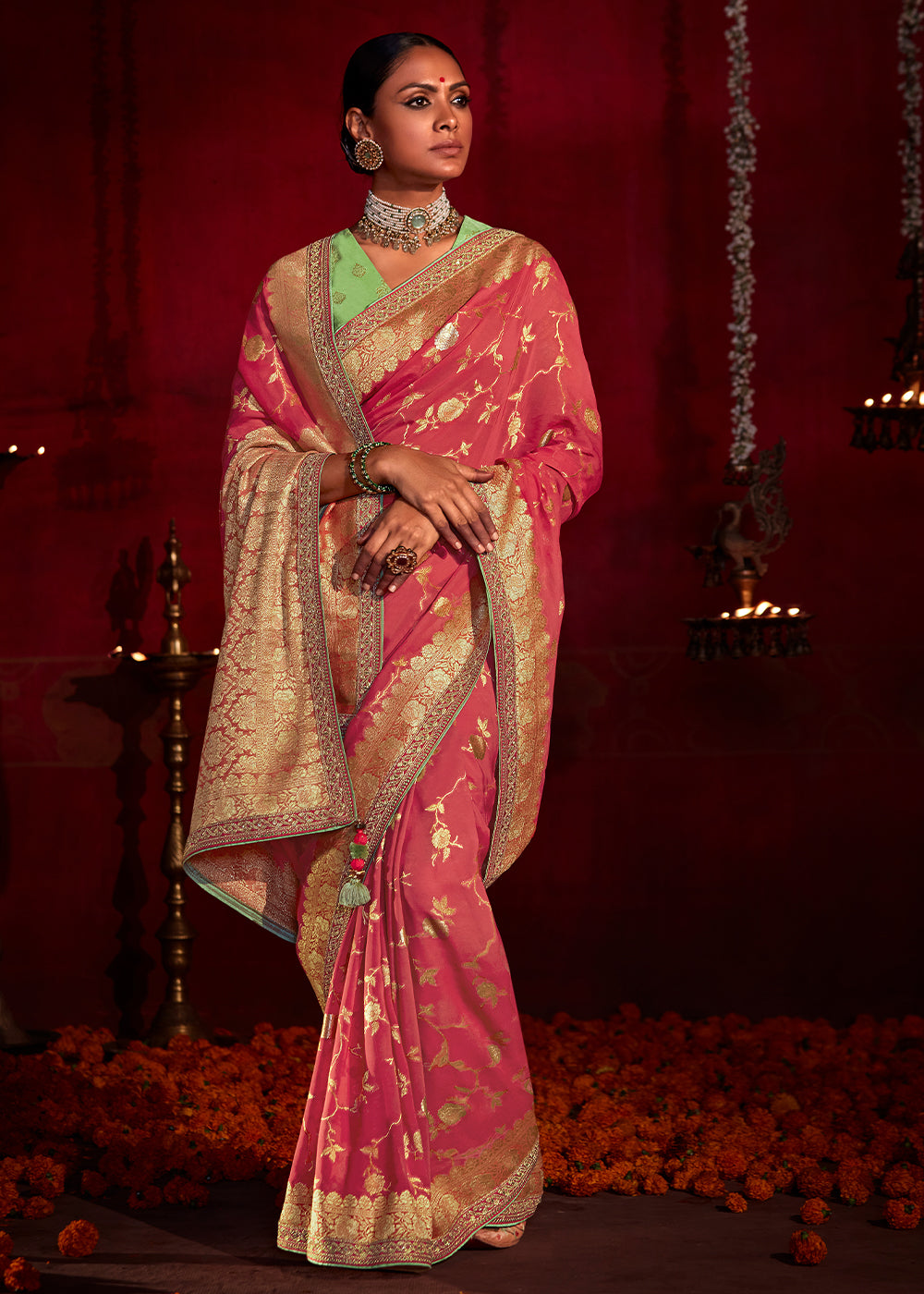 Wild Watermelon Pink Woven Banarasi Georgette Silk Saree