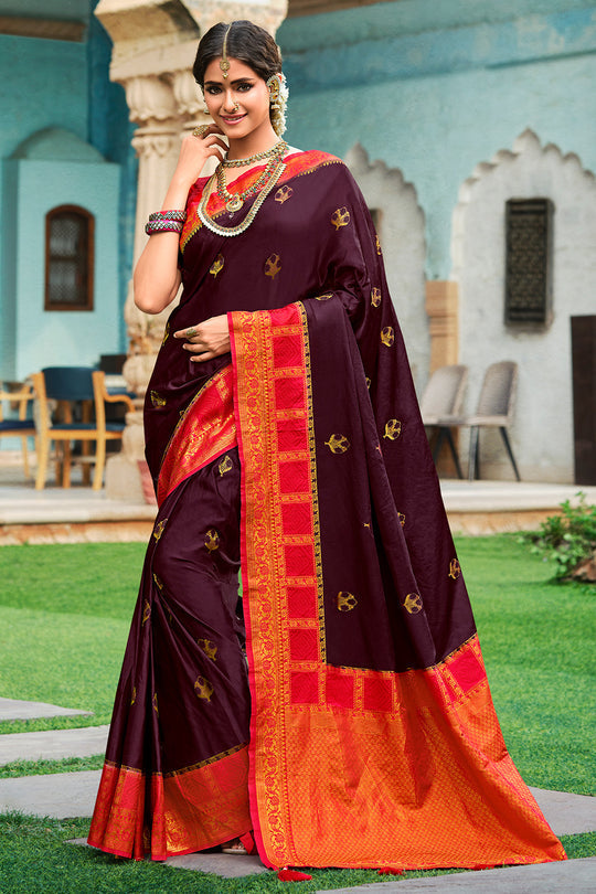 Aubergine Purple and Red Kanjivaram Saree