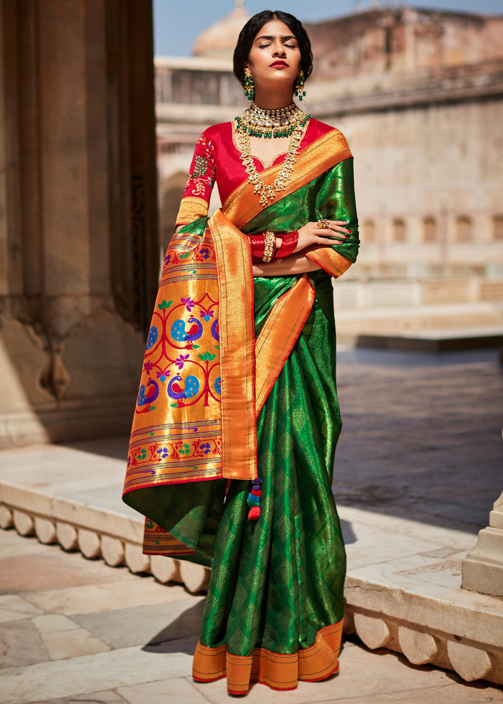 Hippie Green Woven Banarasi Soft Silk Designer Saree