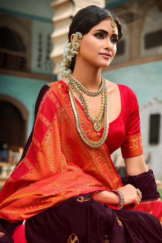 Aubergine Purple and Red Kanjivaram Saree