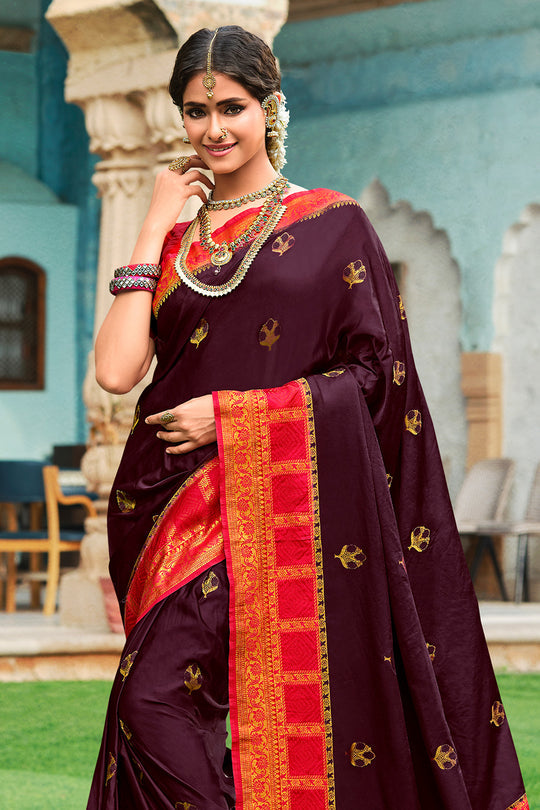 Aubergine Purple and Red Kanjivaram Saree