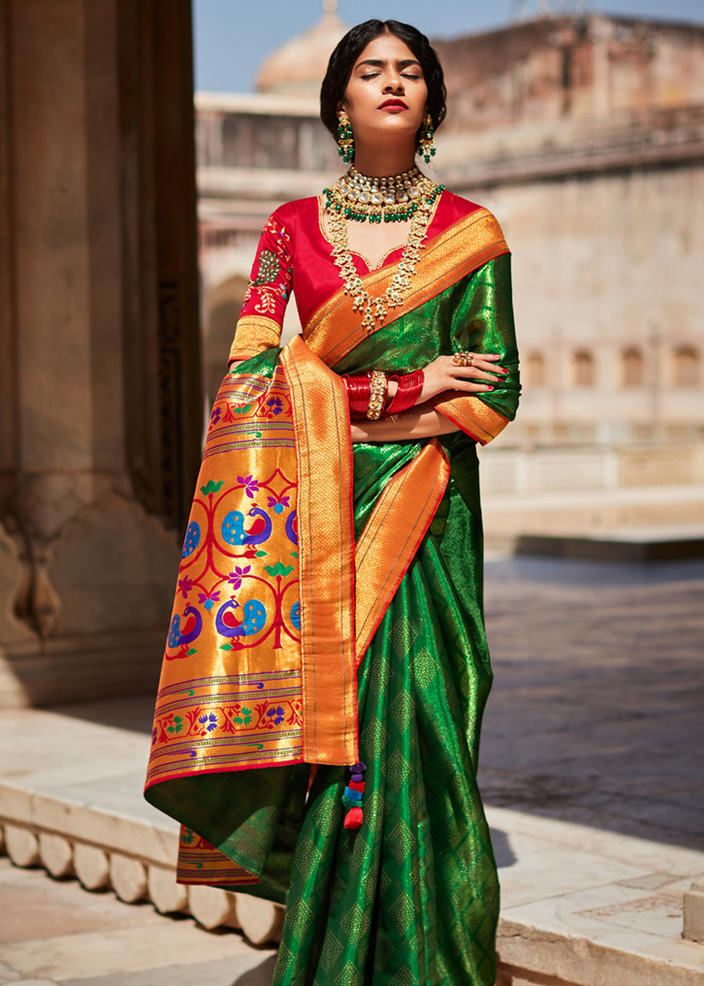 Hippie Green Woven Banarasi Soft Silk Designer Saree