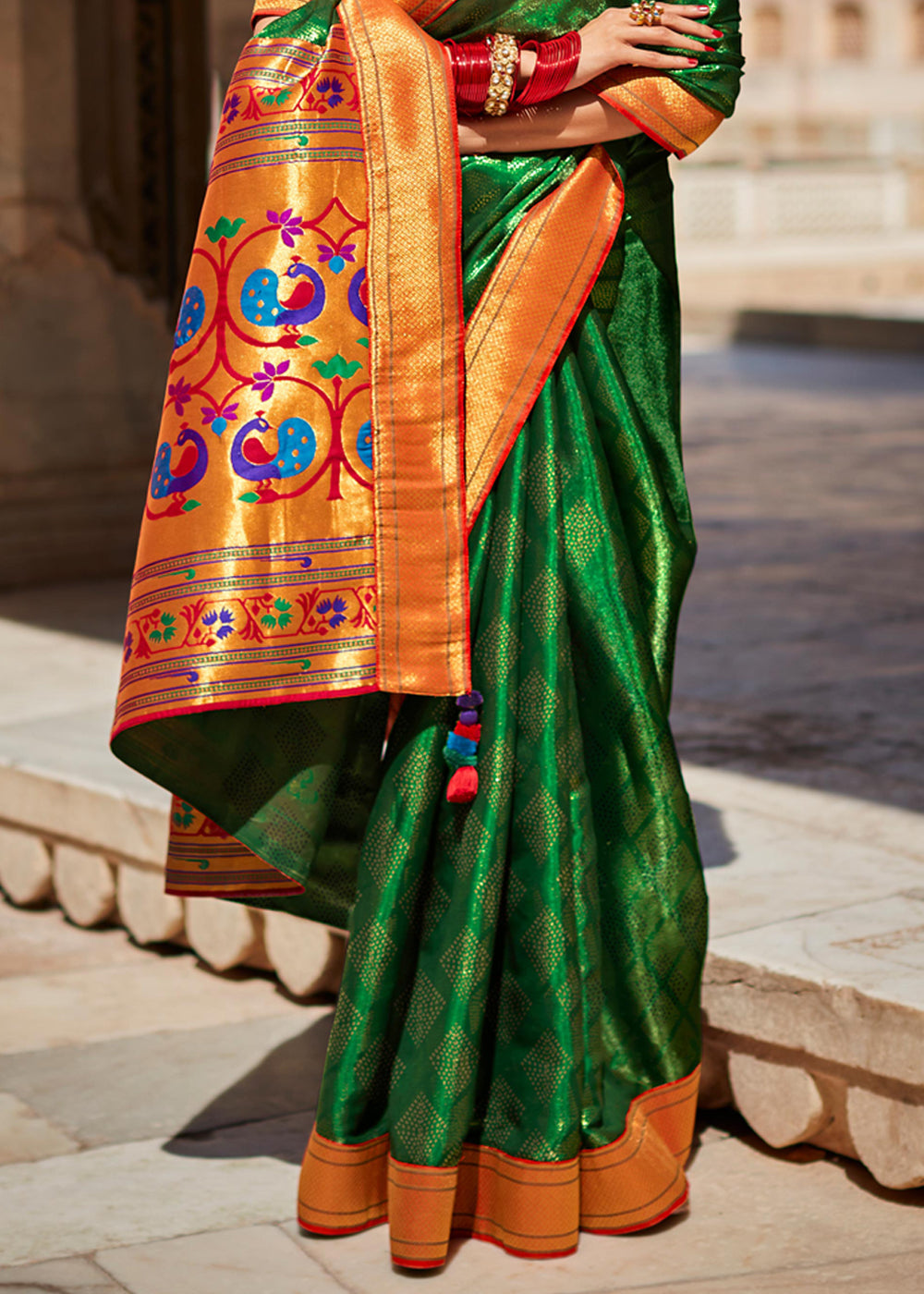 Hippie Green Woven Banarasi Soft Silk Designer Saree