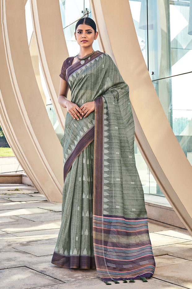 Camouflage Green Printed Cotton Silk Saree