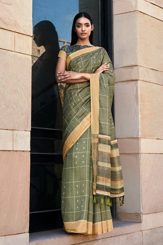 Verdigris Green Printed Cotton Silk Saree