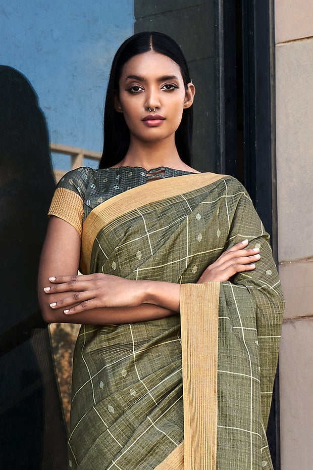 Verdigris Green Printed Cotton Silk Saree