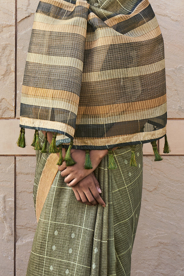 Verdigris Green Printed Cotton Silk Saree