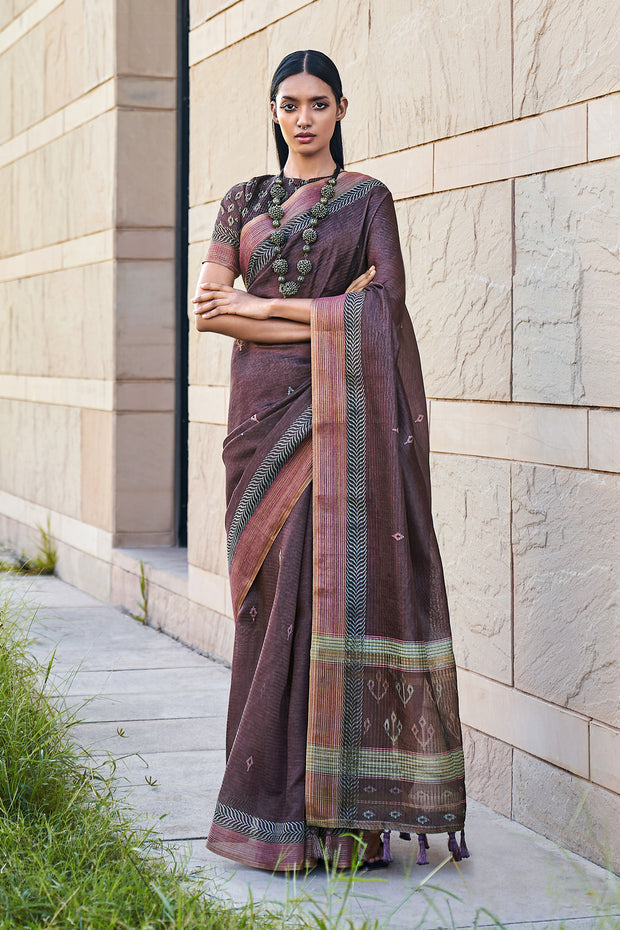 Opium Purple Printed Cotton Silk Saree