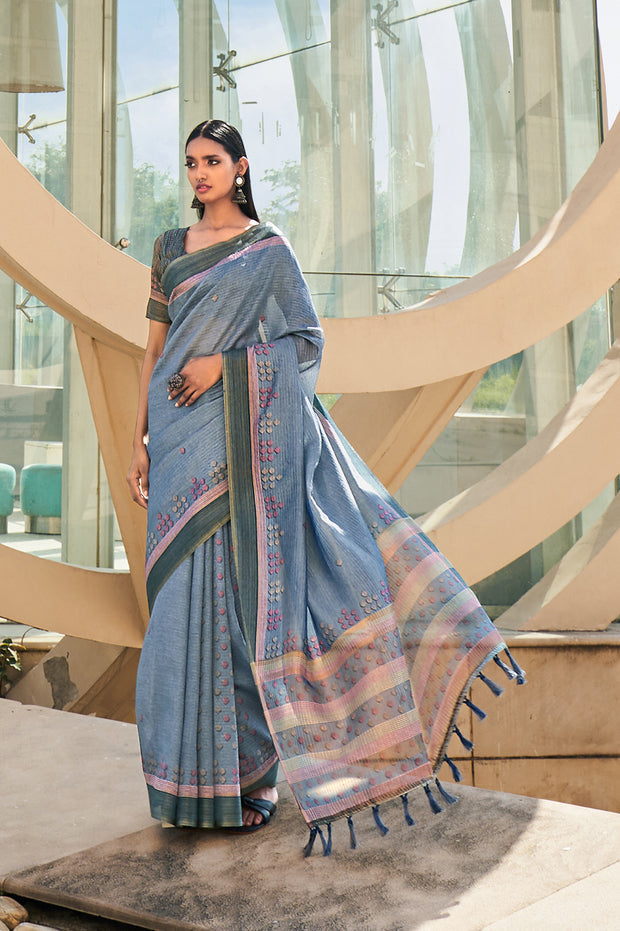 Regent Blue Printed Cotton Silk Saree