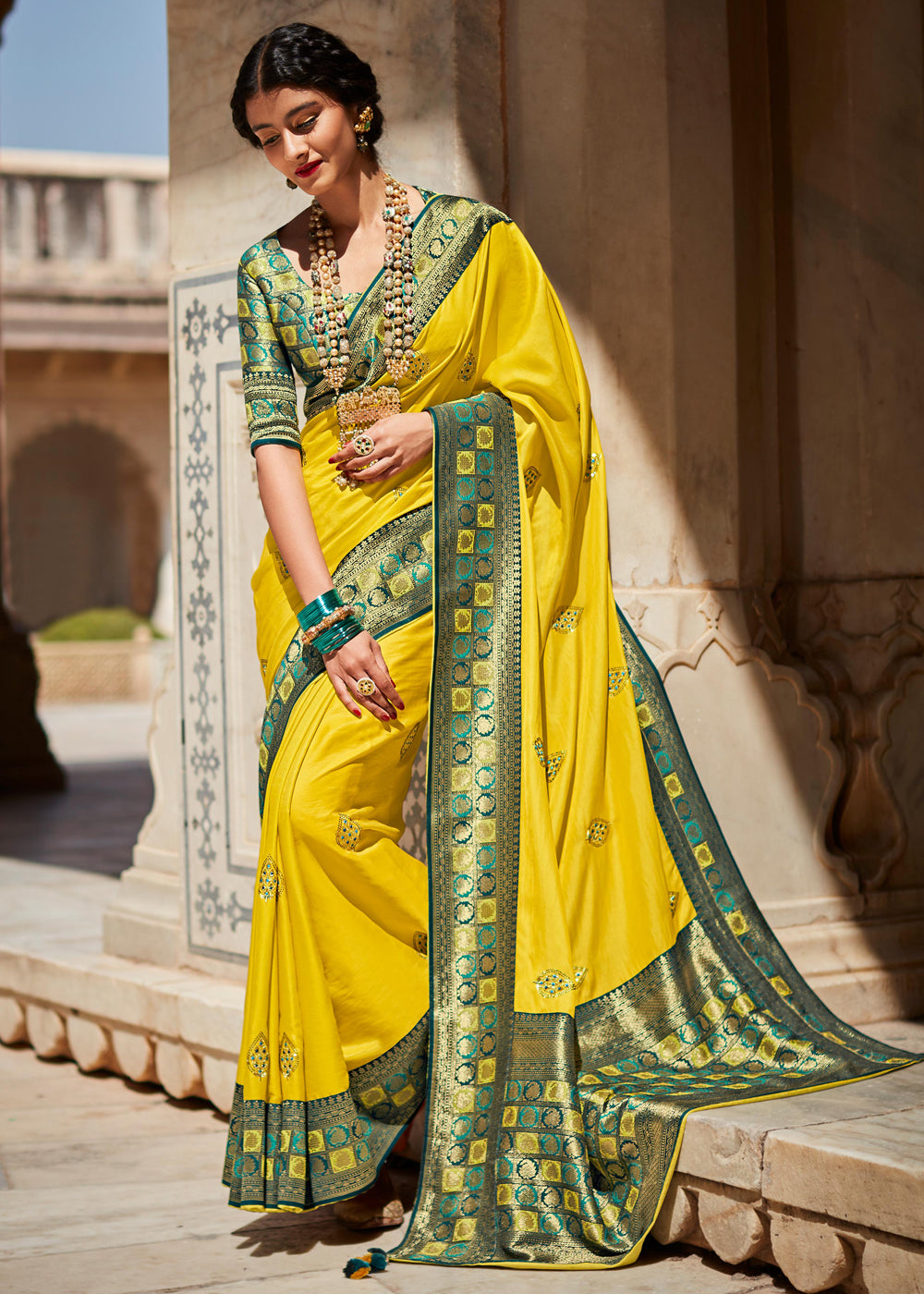 Laser Lemon Yellow Woven Banarasi Soft Silk Designer Saree