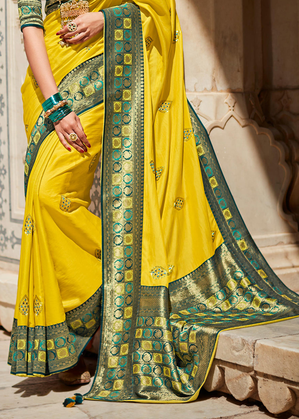 Laser Lemon Yellow Woven Banarasi Soft Silk Designer Saree