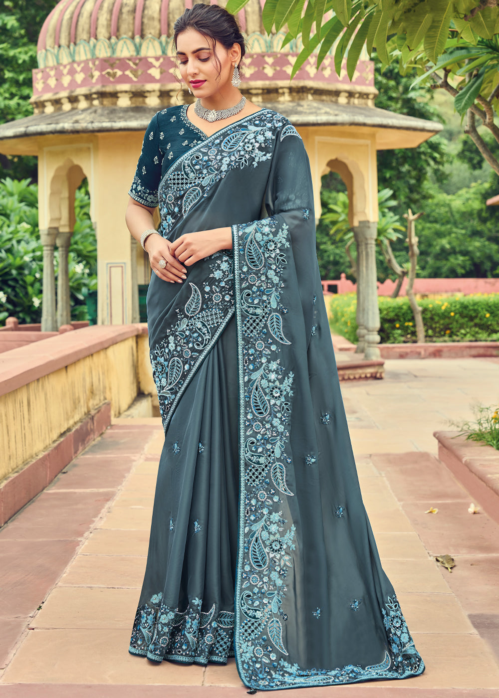 Oslo Grey Designer Embroidered Satin Silk Saree