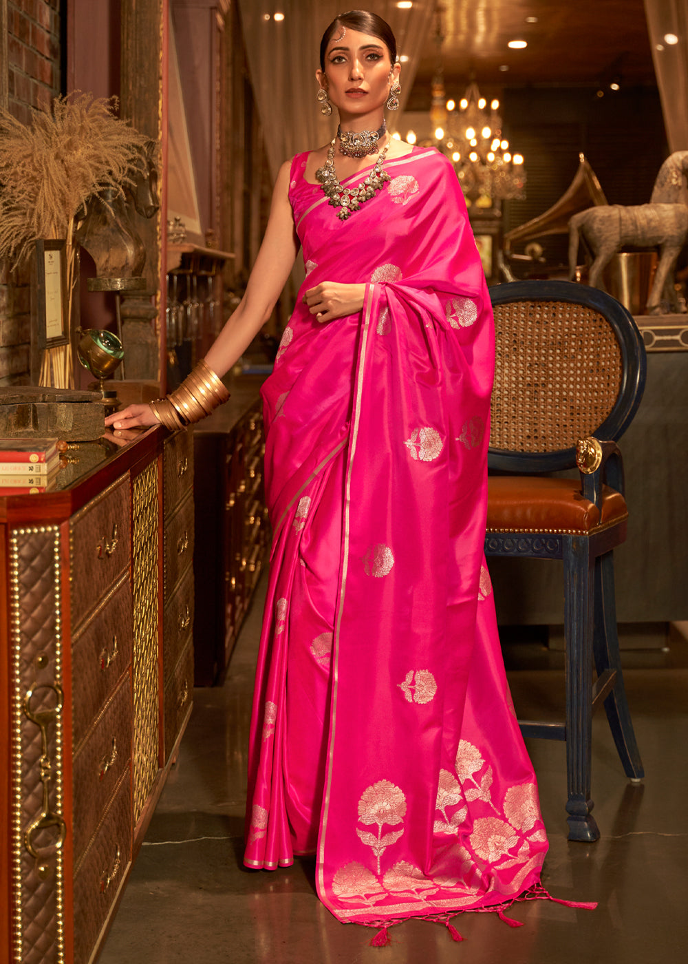 Winter Sky Pink Woven Banarasi Satin Silk Saree