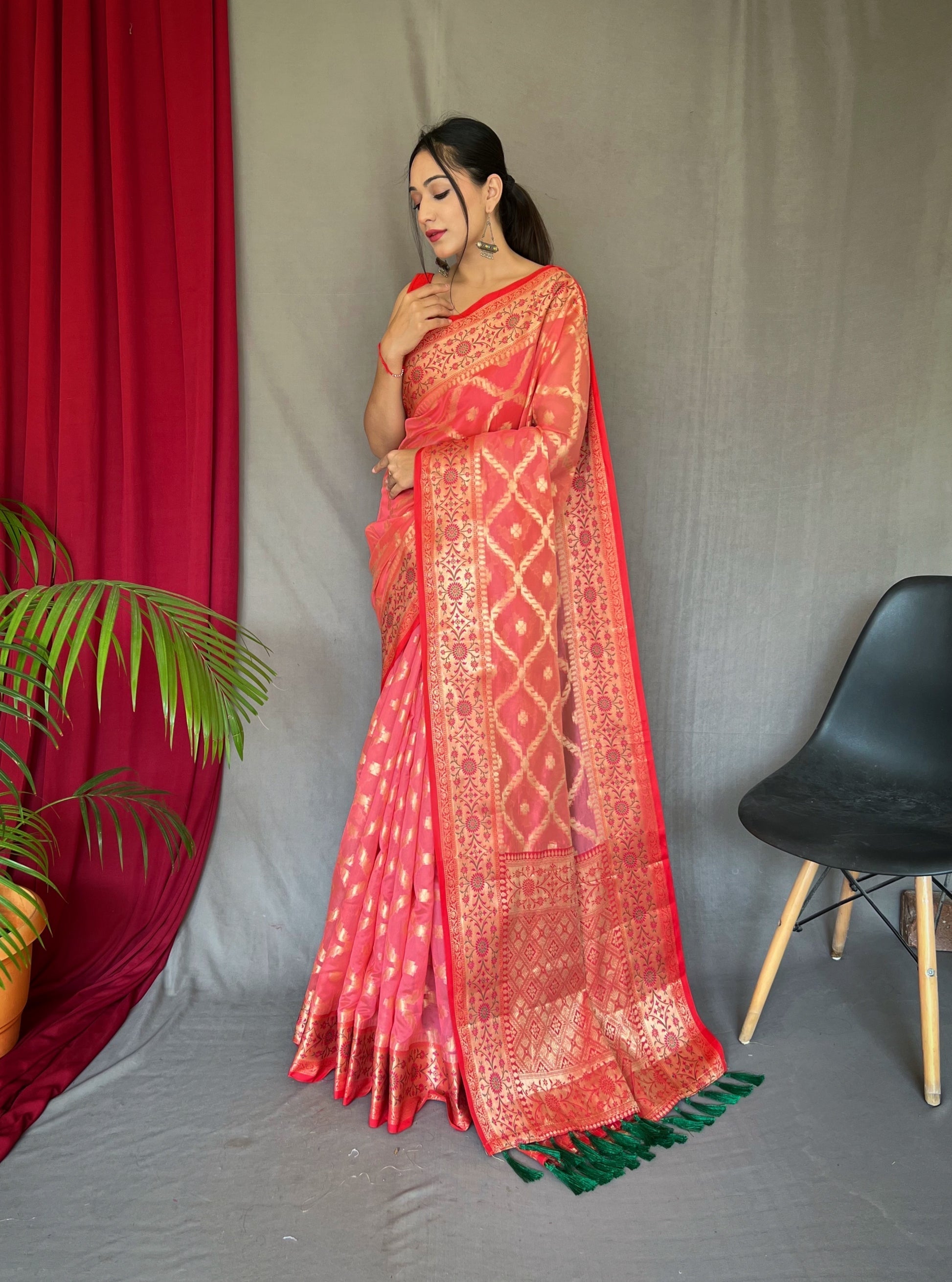 Sunset Red Woven Banarasi Organza Silk Saree