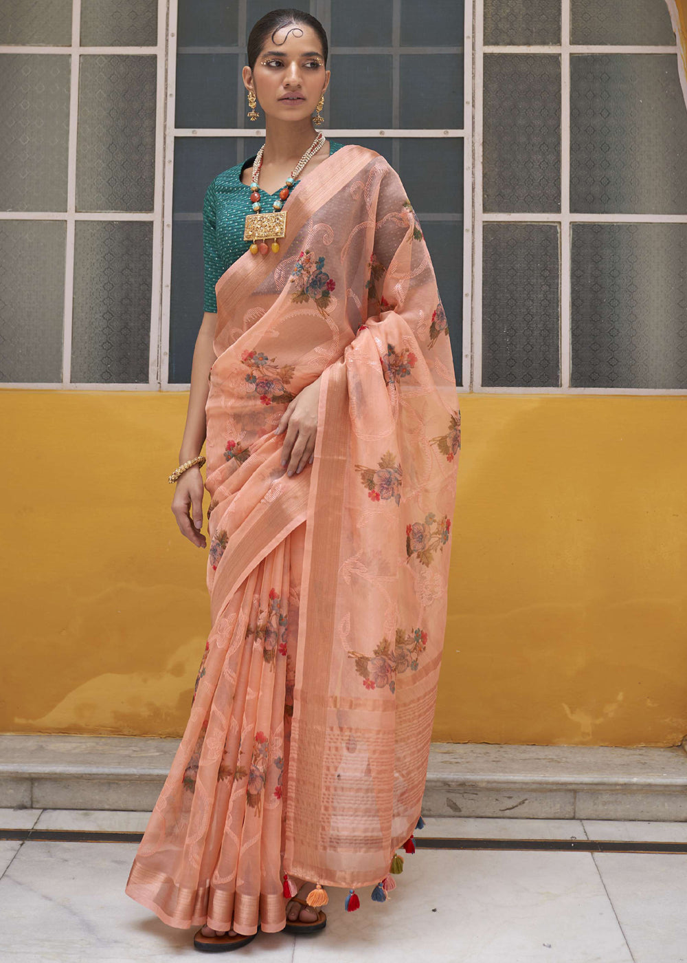 Peach Orange Digital Print Organza Silk Saree