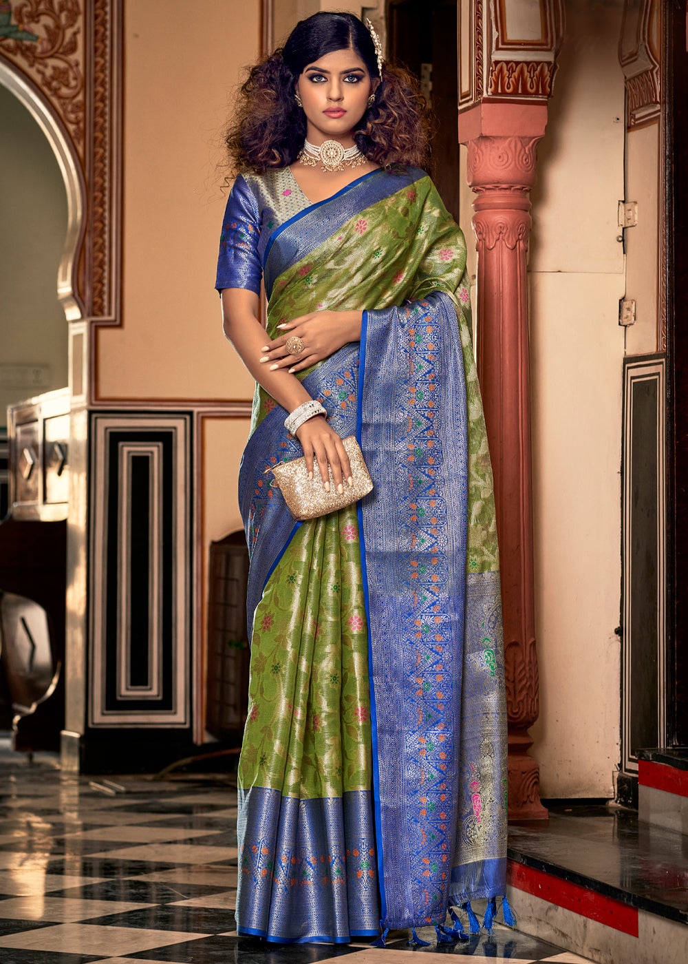 Sycamore Green and Blue Woven Banarasi Organza Silk Saree