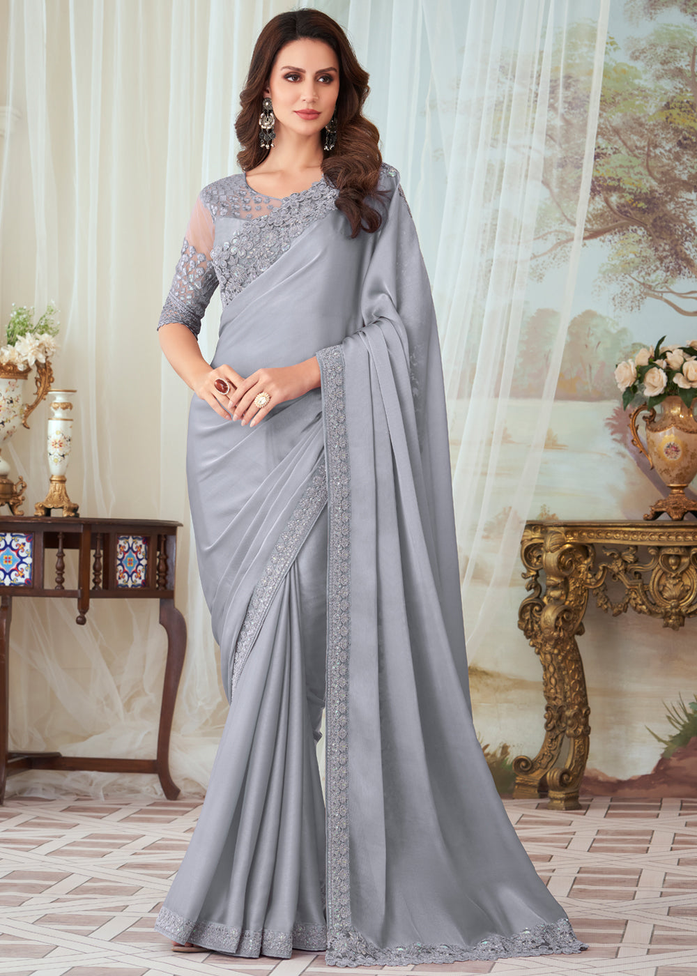 French Grey Woven Satin Silk Saree