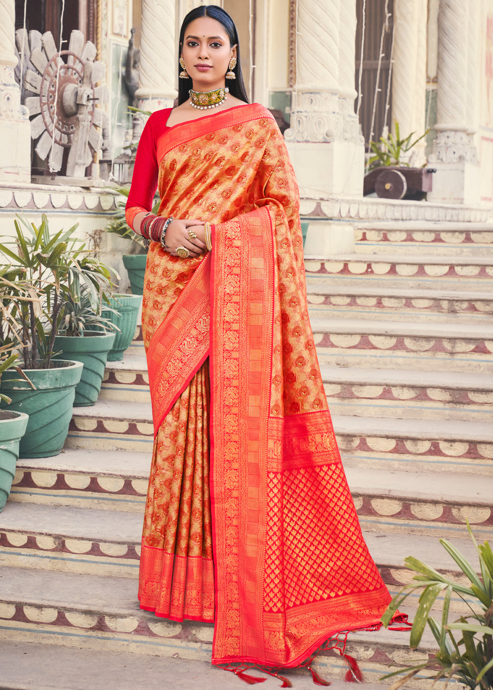 Coral Red Woven Kanjivaram Silk Saree