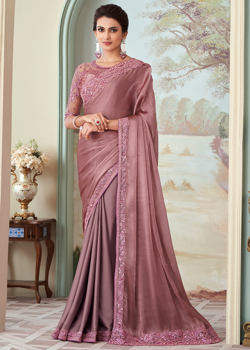 Pink Pearl Designer Embroidered Satin Silk Saree