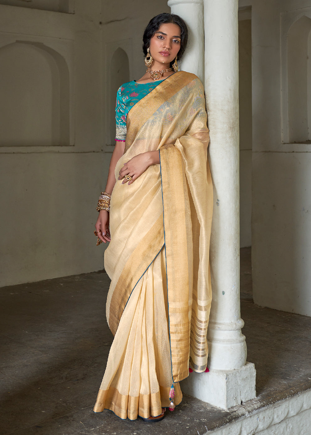 Gold Sand Cream Soft Tissue Organza Silk Saree