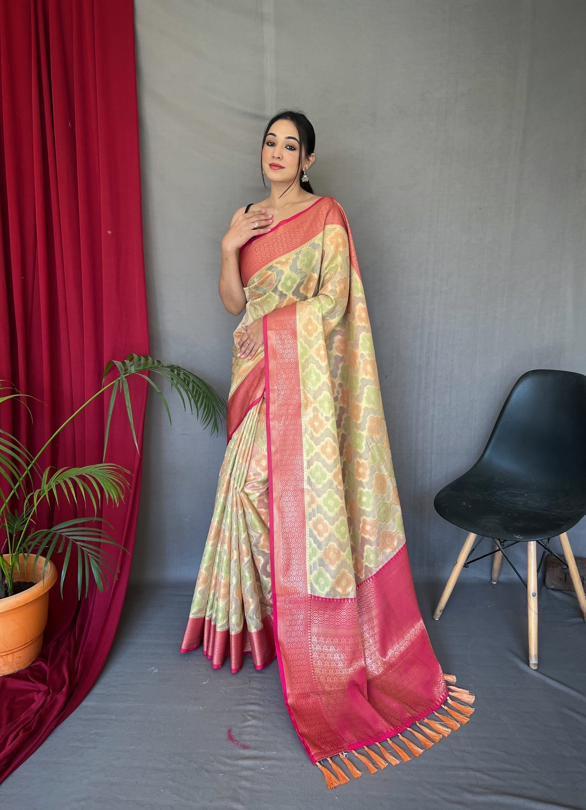 Sapling Yellow Woven Organza Silk Saree