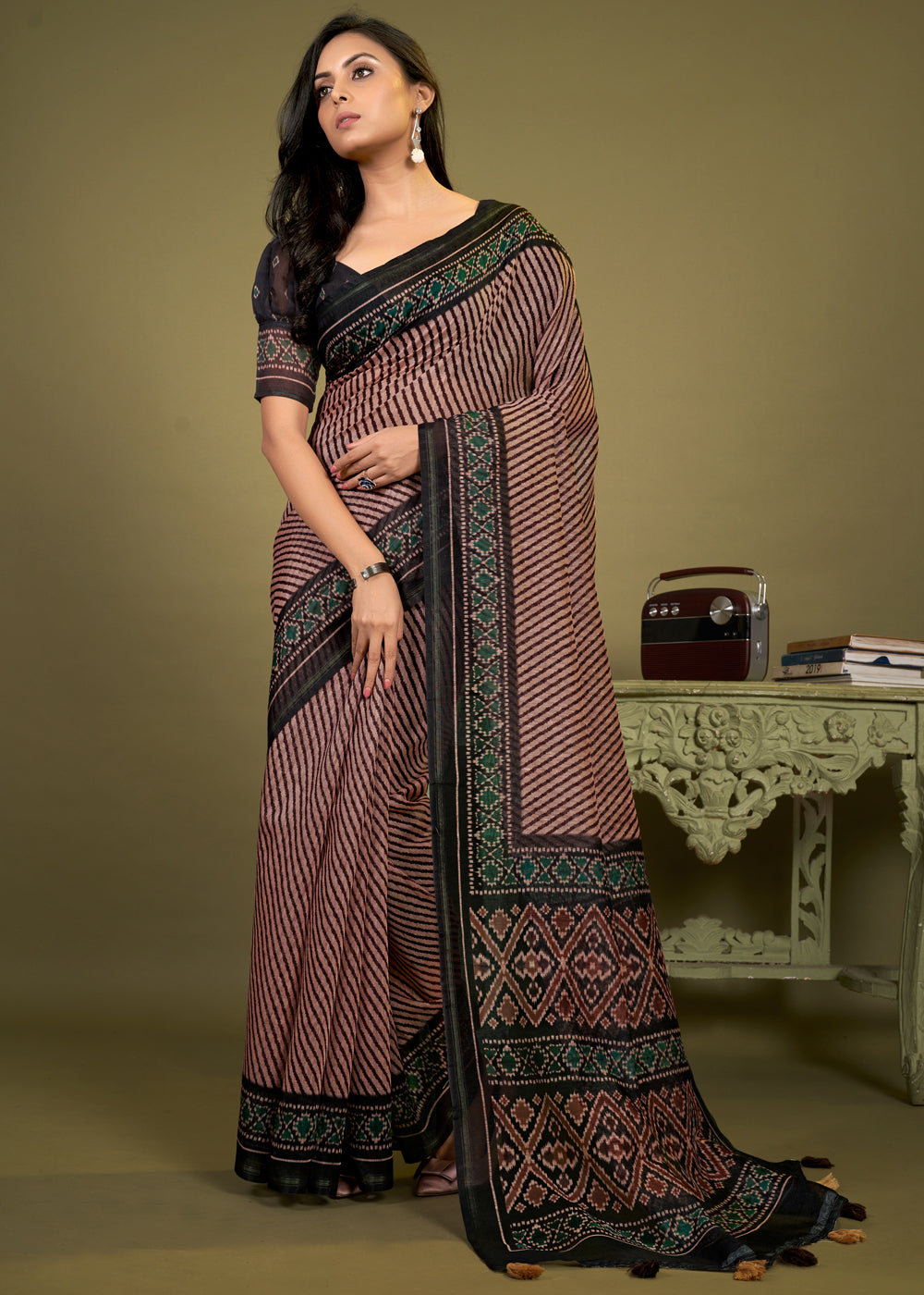 Licorice Brown Cotton Patola Printed Silk Saree