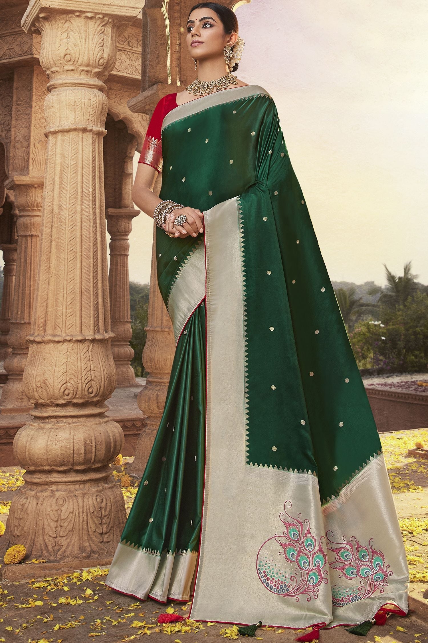 Kelp Green Designer Banarasi Satin Silk Saree