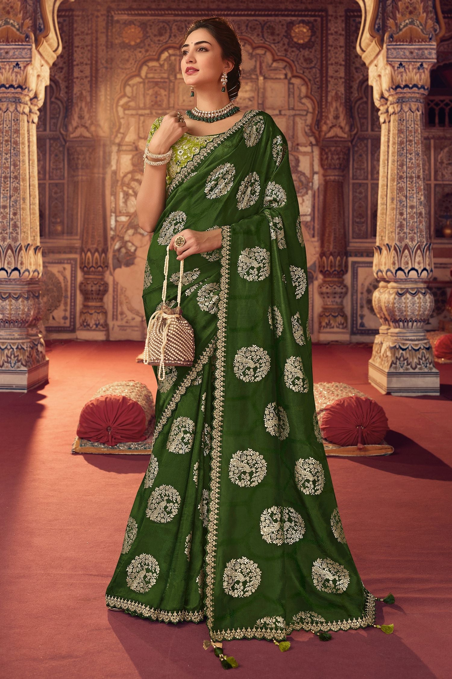 Woodland Green Organza Woven Silk Saree with Peacock Motifs