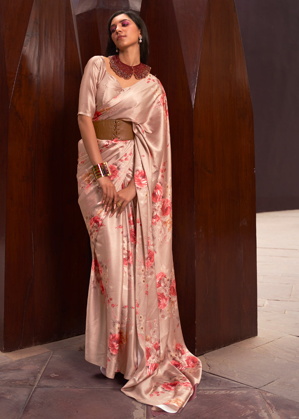 Tonys Peach Floral Printed Satin Silk Saree