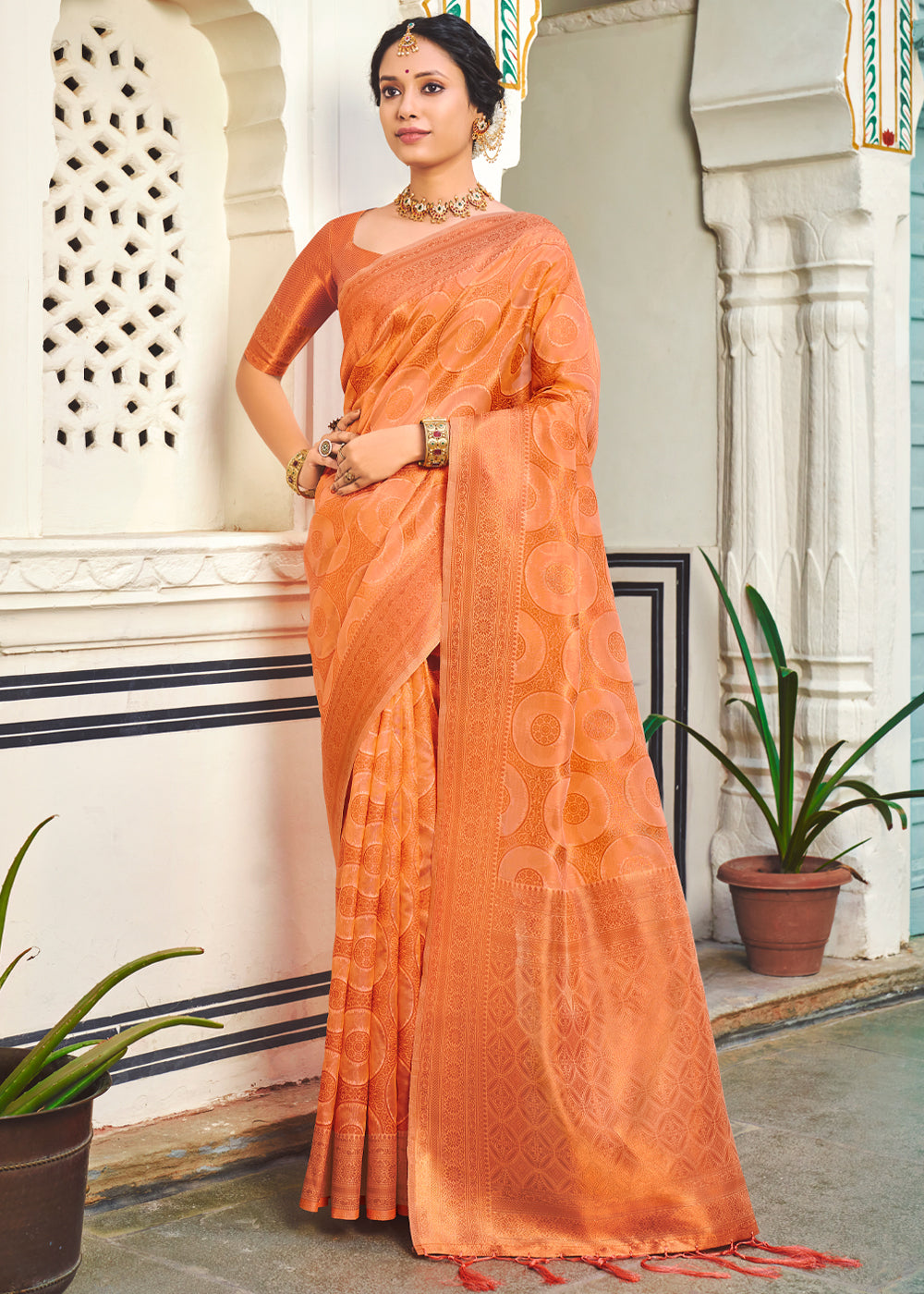 Navajo Peach Woven Banarasi Organza Silk Saree