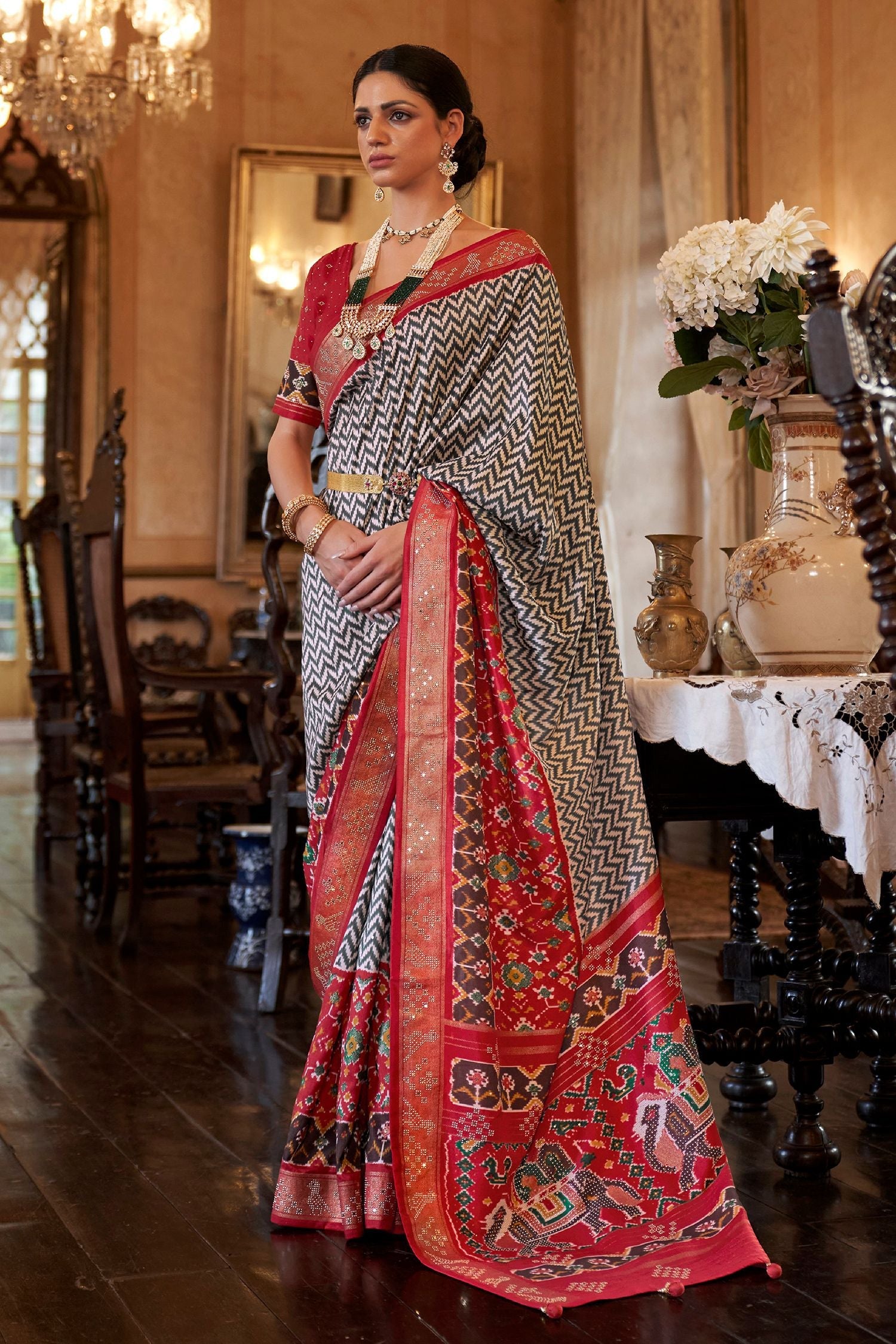 Kabul Grey White and Red Handloom Patola Silk Saree