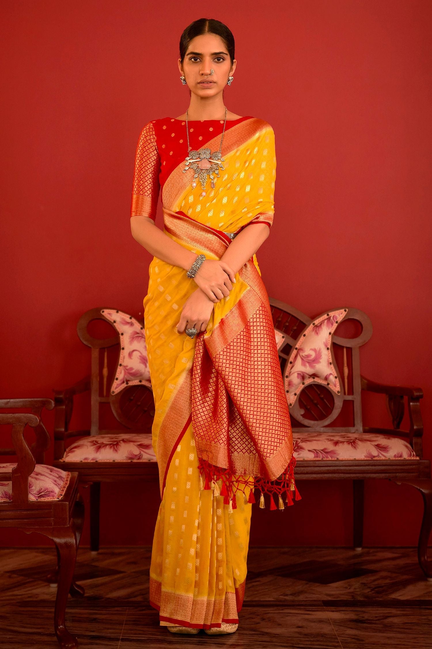 My Sin Yellow and Red Woven Banarasi Woven Silk Saree