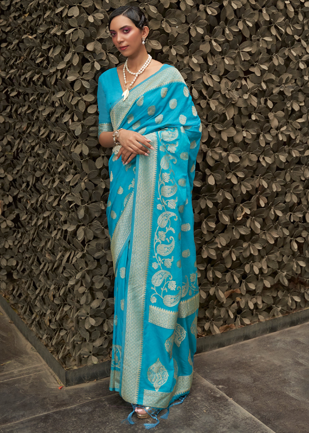 Bright Turquoise Blue Woven Banarasi Chiffon Saree