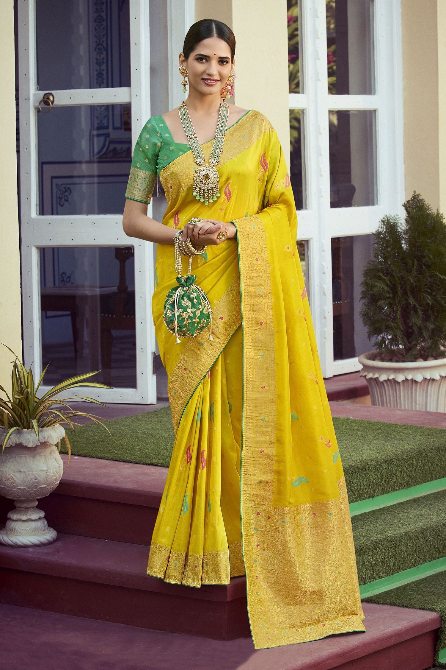 Pale Canary Yellow Woven Designer Banarasi Silk Saree