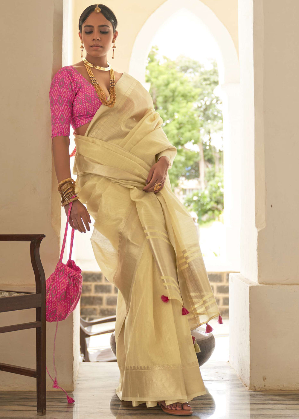 Laser Yellow and pink Organza Silk Saree