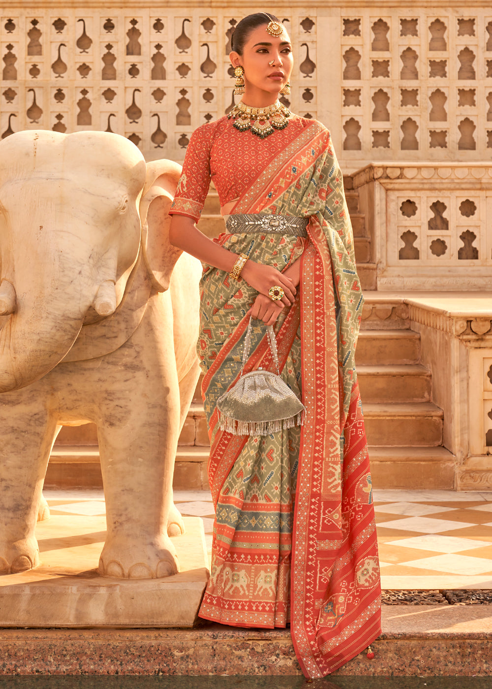 Domino Grey and Orange Woven Patola Silk Saree