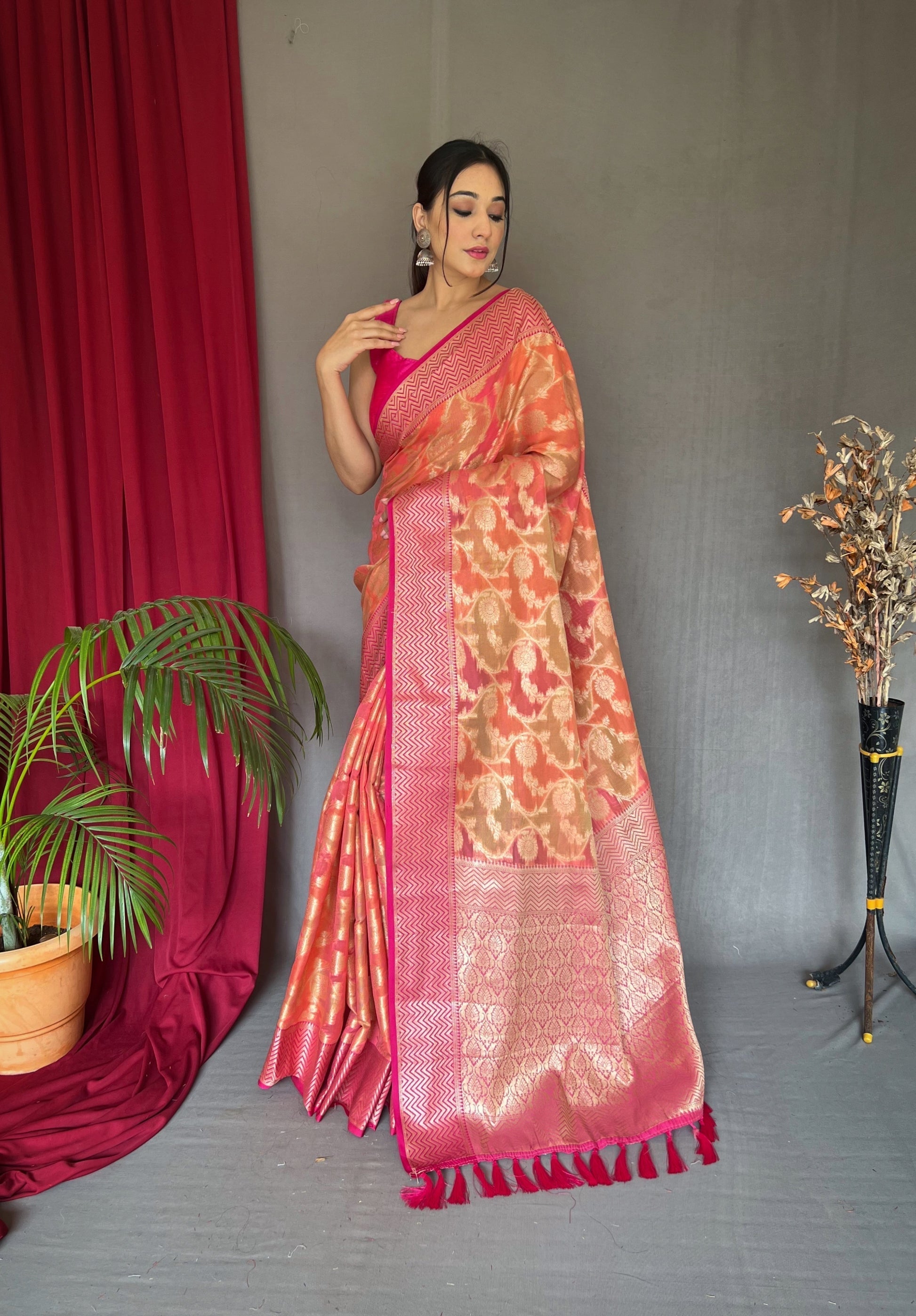 Dark Peach Woven Organza Silk Saree