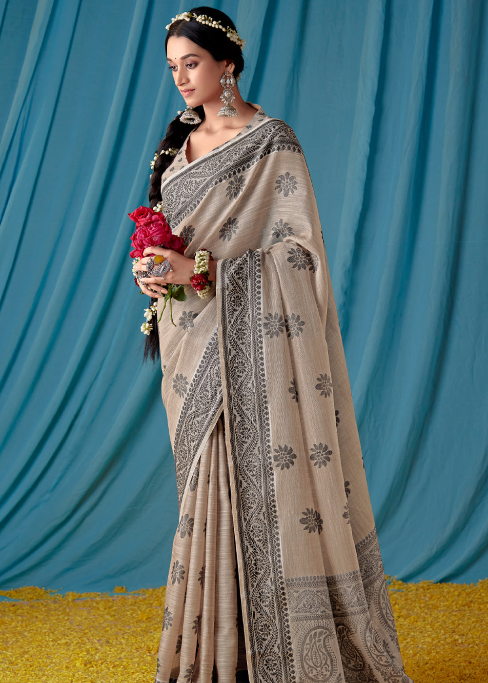 Bronco Grey Woven Banarasi Linen Silk Saree